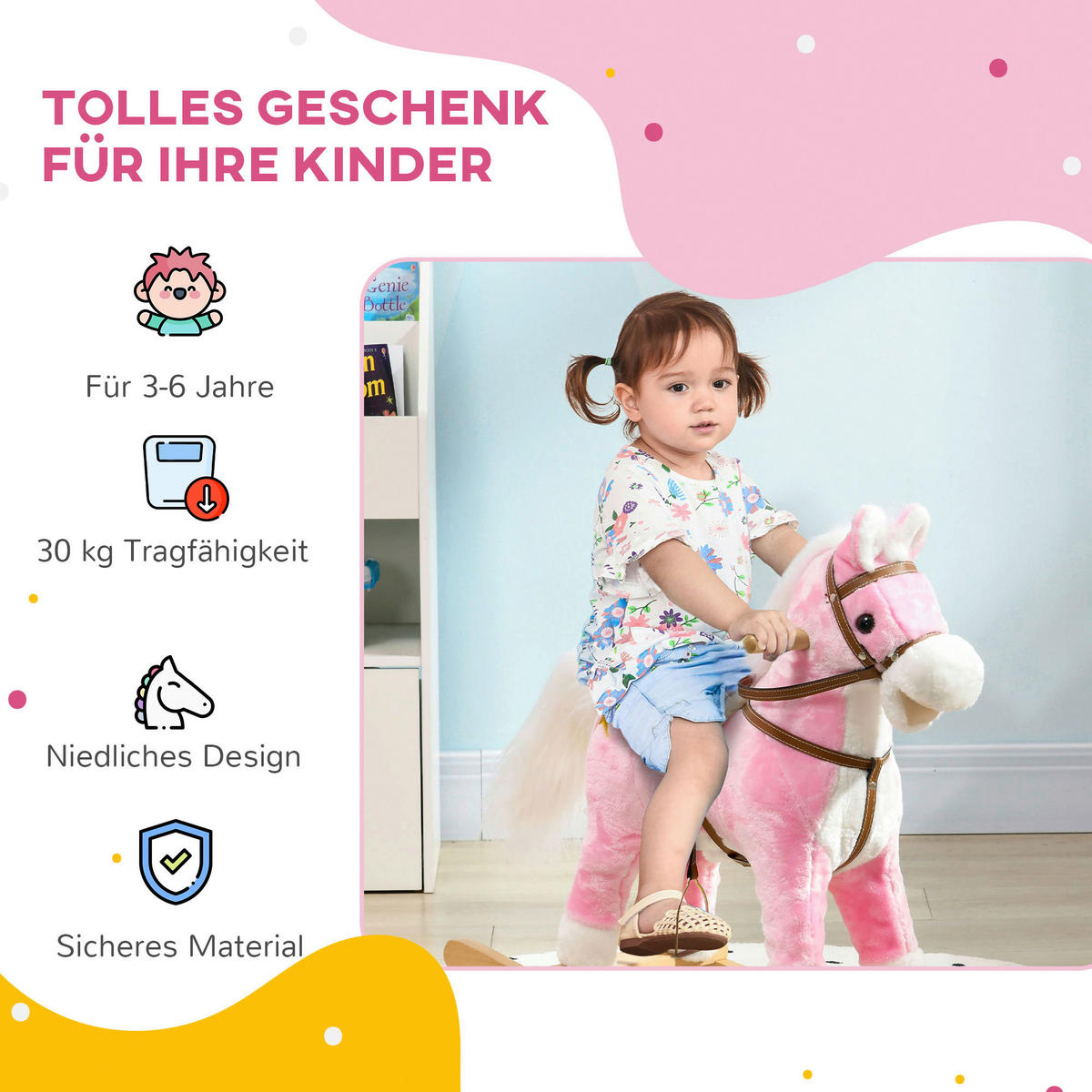 HOMCOM Schaukelpferd B/H/L: ca. 26x62x68 cm Schaukelpferd - rosa (68,00/26,00/62,00cm) - HOMCOM
