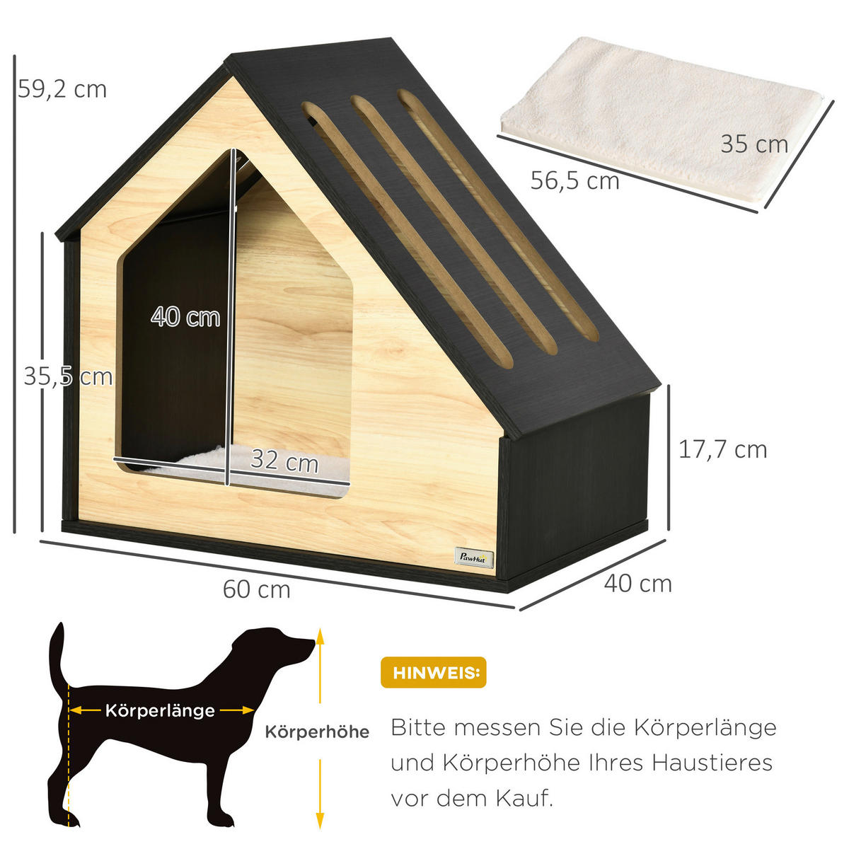 PawHut Hundehütte braun MDF B/H/L: ca. 40x59,2x60 cm Hundehütte - braun (60,00/40,00/59,20cm) - PawHut