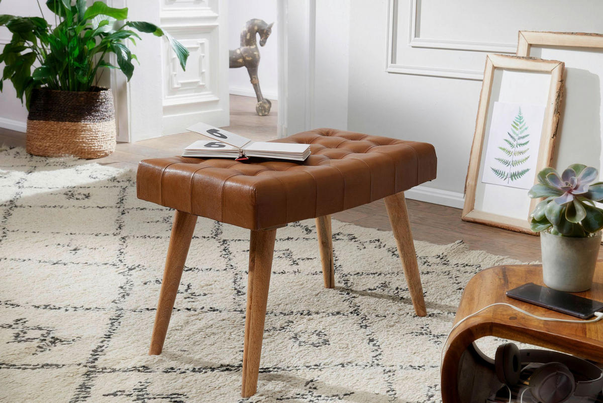 Wohnling Sitzhocker braun natur Leder Echtholz B/H/T: ca. 67x47x39 cm Sitzhocker - braun/natur (67,00/47,00/39,00cm) - Wohnling