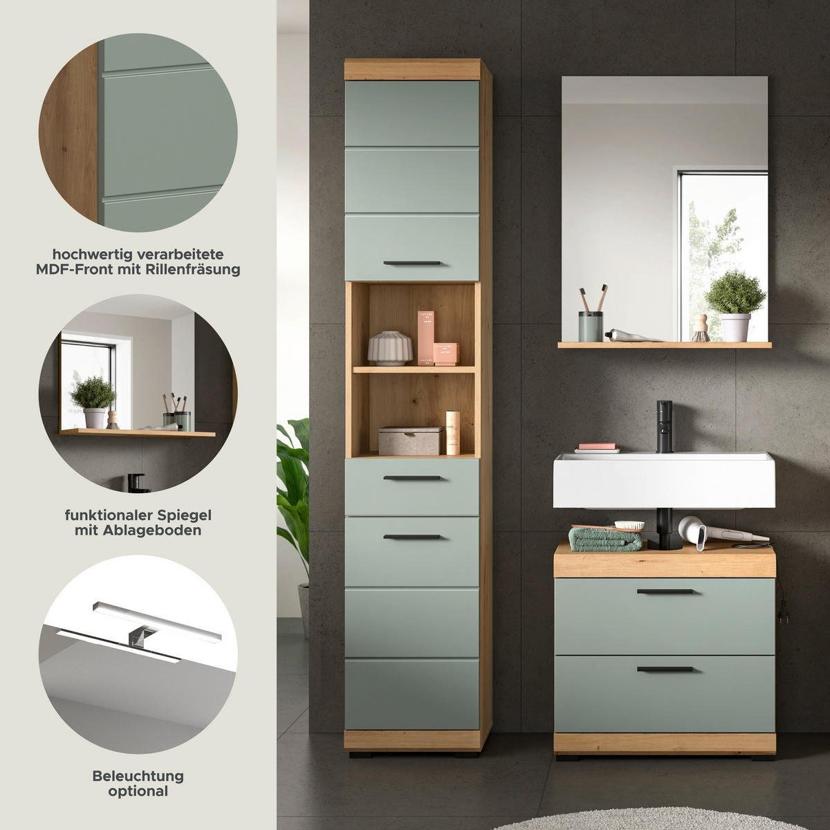 Badezimmer-Set Scout Eiche Artisan Nachbildung salbei Nachbildung B/H/T: ca. 112x191x37 cm Scout - Eiche/salbei (112,00/191,00/37,00cm) - xonox.home