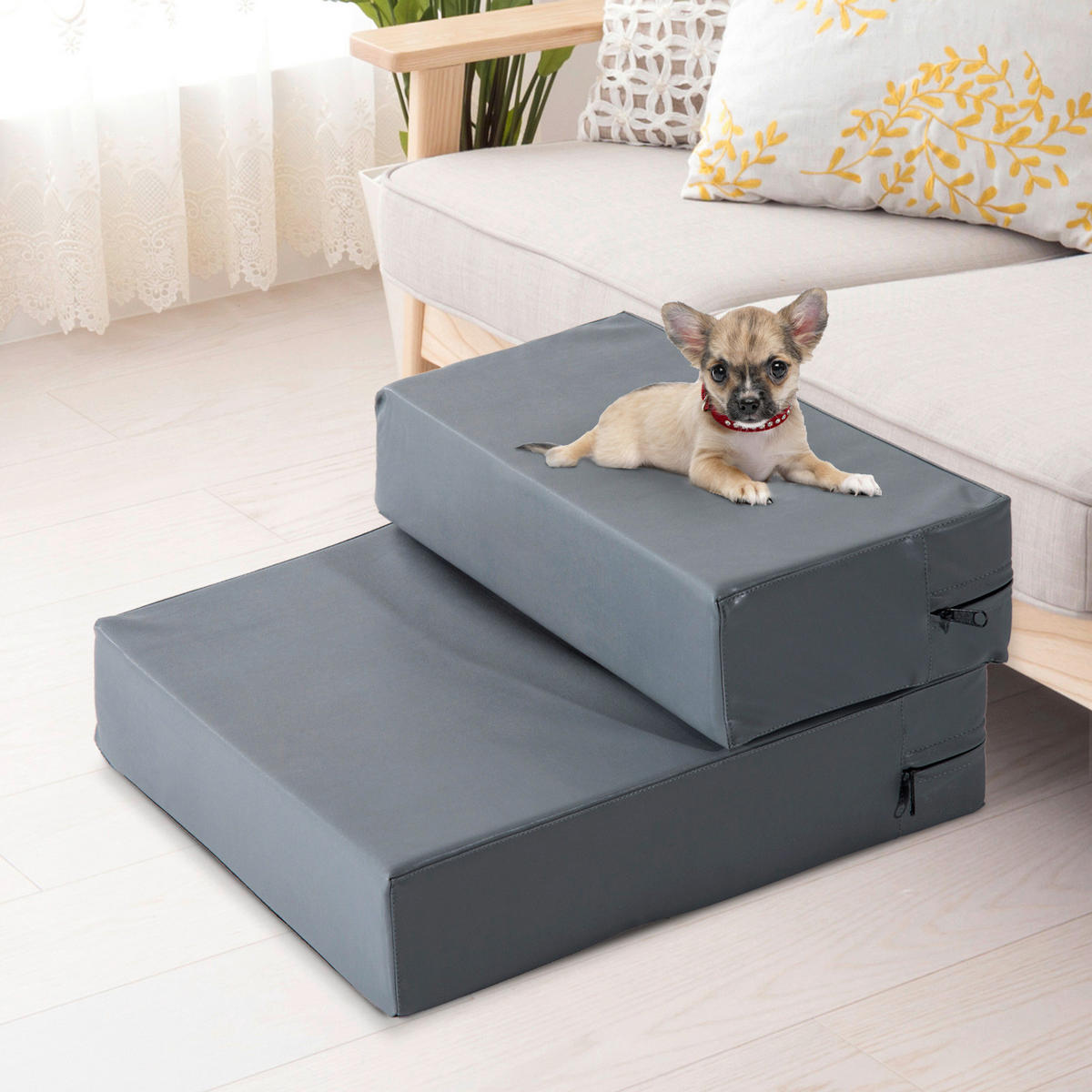 PawHut Hundetreppe grau Kunstleder B/H/L: ca. 39x20x42 cm Hundetreppe - grau (42,00/39,00/20,00cm) - PawHut