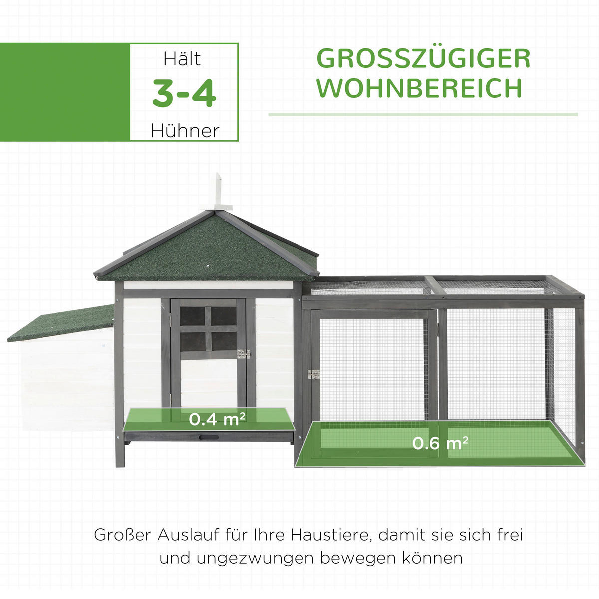 PawHut Hühnerstall grau Holz B/H/L: ca. 73,5x98x196 cm Hühnerstall - weiß/grün (196,00/73,50/98,00cm) - PawHut