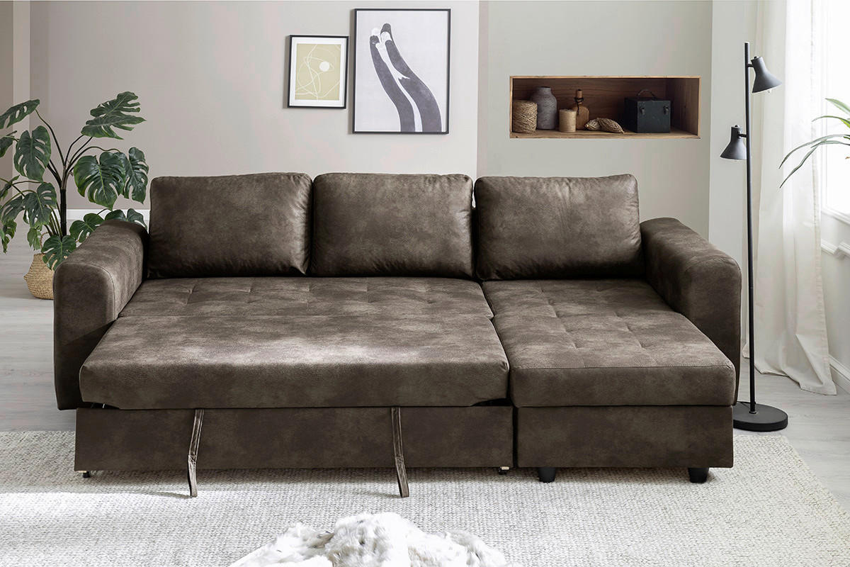 Ecksofa mit Bettfunktion und Bettkasten dunkelbraun B/T: ca. 245x155 cm Rise_L_2F.REC/BK_Ecksofa - dunkelbraun/schwarz (245,00/155,00cm)