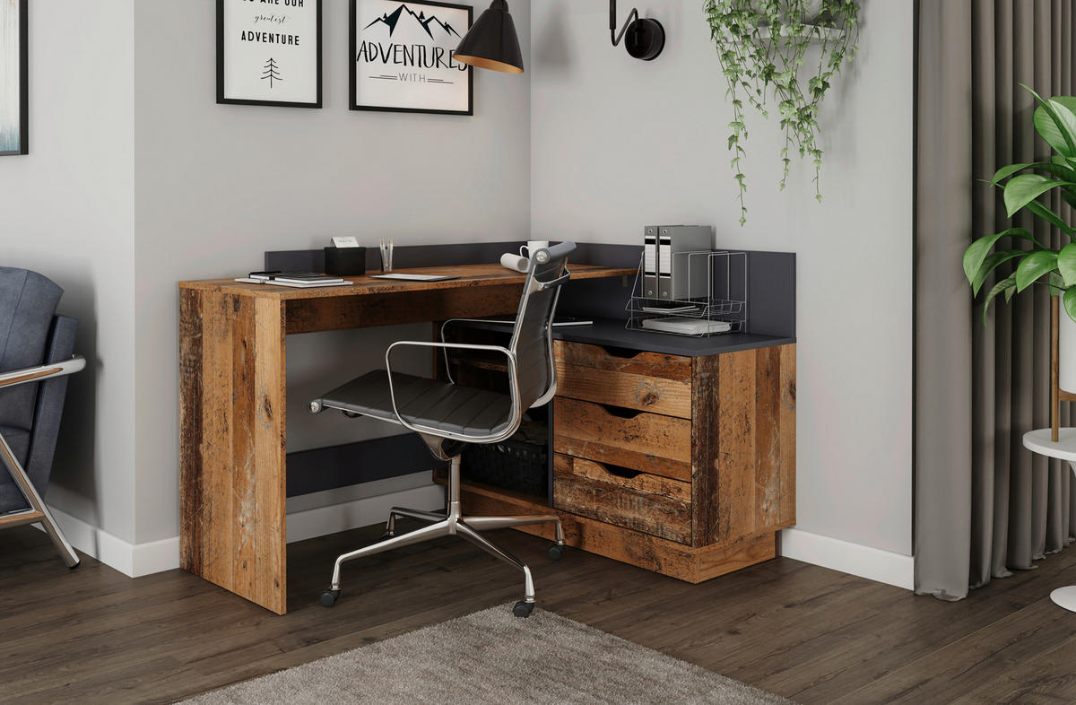 Winkelschreibtisch BELFAST anthrazit Eiche Old Wood Nachbildung B/H/T: ca. 129x83,5x105 cm BELFAST - Eiche/anthrazit (129,00/83,50/105,00cm) - byLIVING