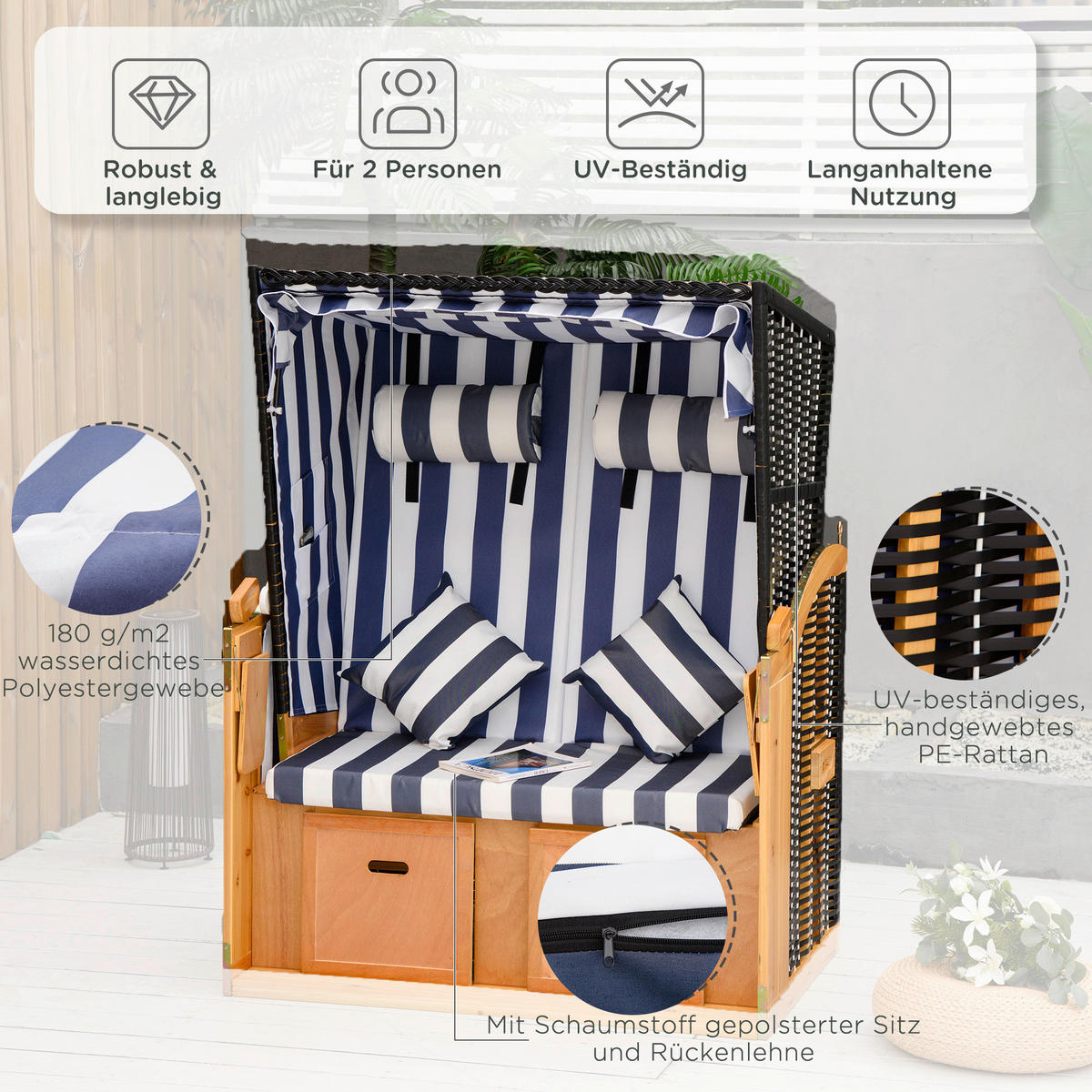 Outsunny Strandkorb blau Holz B/H/L: ca. 79x118x160 cm Strandkorb - blau/weiß (160,00/79,00/118,00cm) - Outsunny