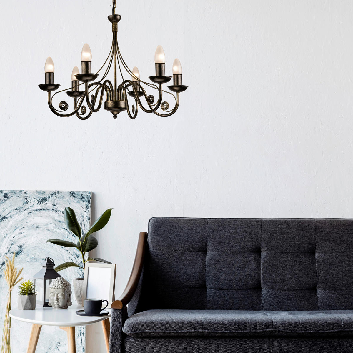 Lamkur Kronleuchter schwarz Stahl B/H/L: ca. 57x72x57 cm E14 6 Brennstellen DONATO - schwarz (57,00/57,00/72,00cm) - Lamkur