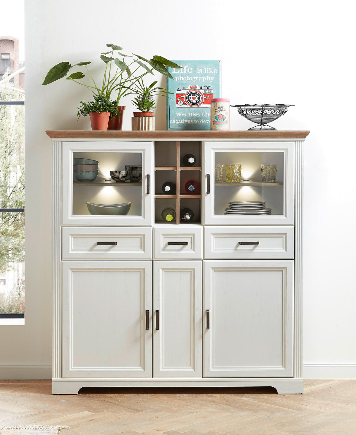 Highboard Jasmin weiß Pinie Nachbildung Eiche Artisan Nachbildung B/H/T: ca. 143x150x42 cm Jasmin - Eiche/weiß (143,00/150,00/42,00cm)