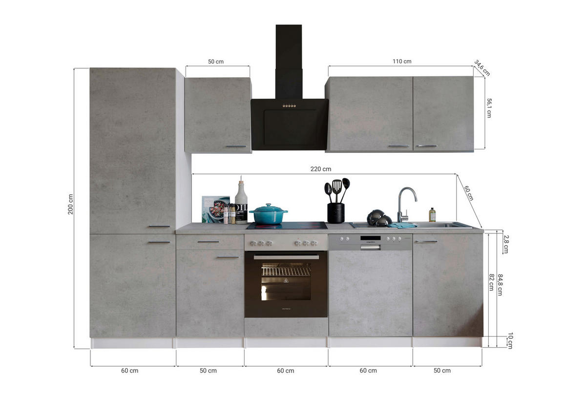 Respekta Küchenblock Malia Beton Optik B/H/T: ca. 280x200x60 cm Malia - Beton/weiß (280,00/200,00/60,00cm) - Respekta