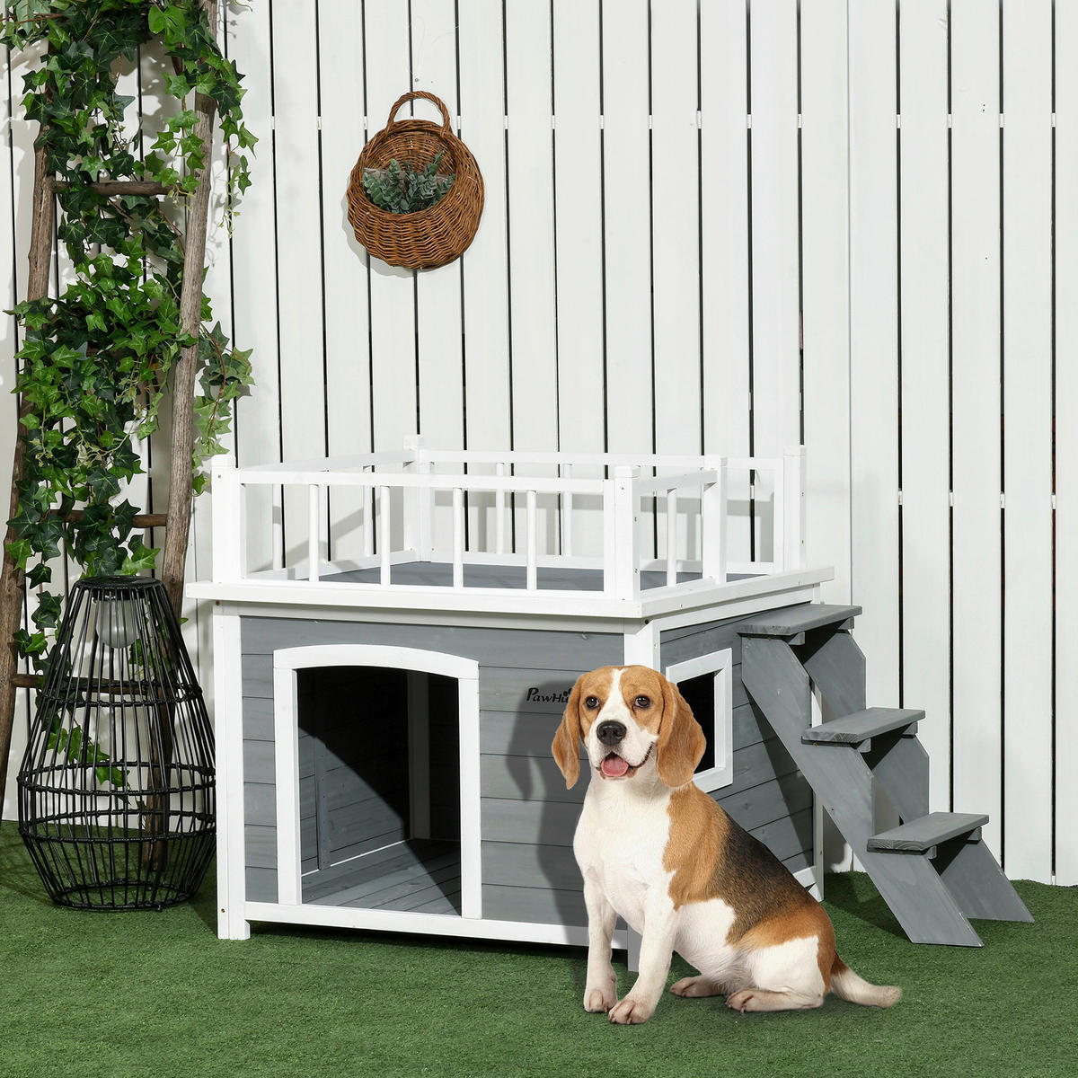 PawHut Hunde-Zubehör hellgrau Holz B/H/L: ca. 77x121x78 cm Hundehütte - hellgrau (78,00/77,00/121,00cm) - PawHut