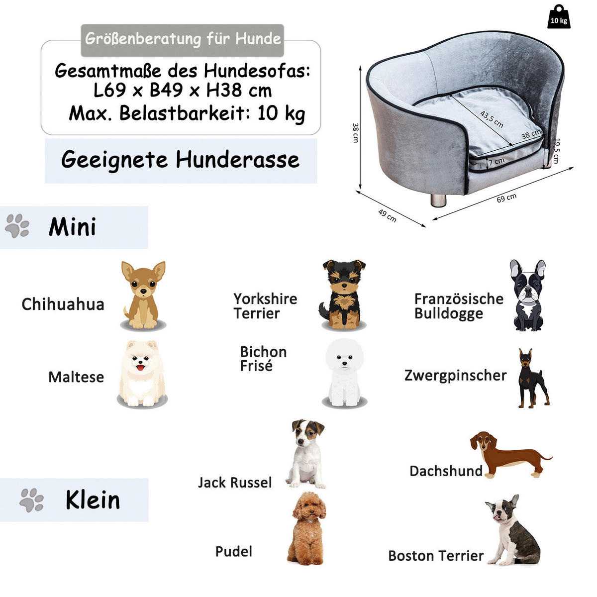 PawHut Hundecouch hellgrau Holz B/H/L: ca. 49x38x69 cm Luxus_Hundecouch - hellgrau (69,00/49,00/38,00cm) - PawHut
