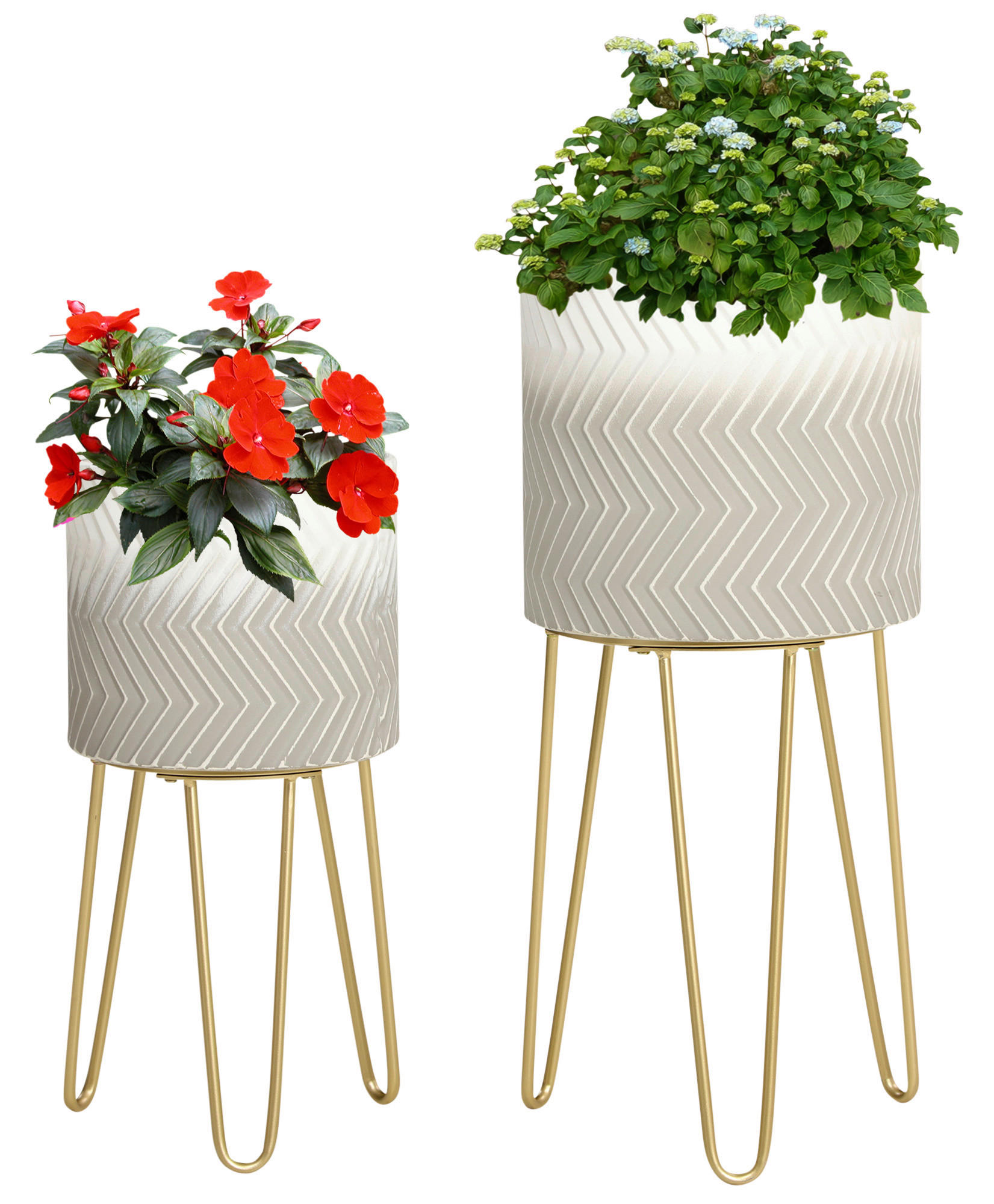 Outsunny Blumentöpfe-Set mit Gestell Blumentöpfe-Set_mit_Gestell - gold/weiß (30,00/30,00/67,00cm) - Outsunny