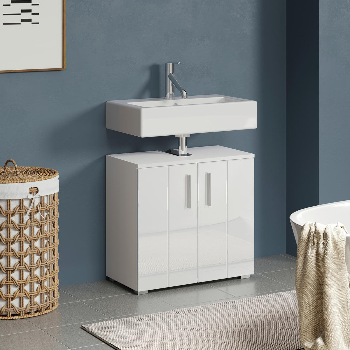 Waschbeckenunterschrank Wons weiß Hochglanz weiß matt B/H/T: ca. 60x58x34 cm Wons - weiß (60,00/58,00/34,00cm) - Trendteam