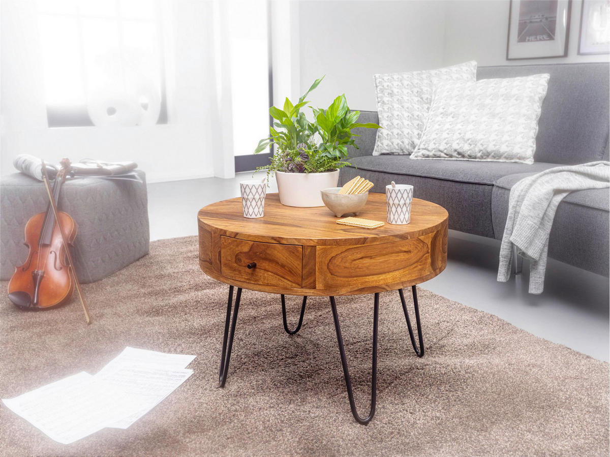 Wohnling Couchtisch natur schwarz Echtholz Edelstahl B/H/T: ca. 60x44,5x60 cm Couchtisch - natur/schwarz (60,00/44,50/60,00cm) - Wohnling