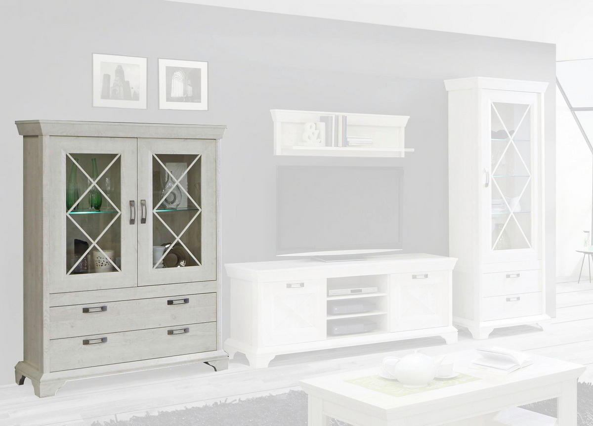 Vitrine  weiß Pinie Nachbildung B/H/T: ca. 123x162x48 cm Kashmir_Vitrine KSMV64-D43 - weiß (123,00/162,00/48,00cm)