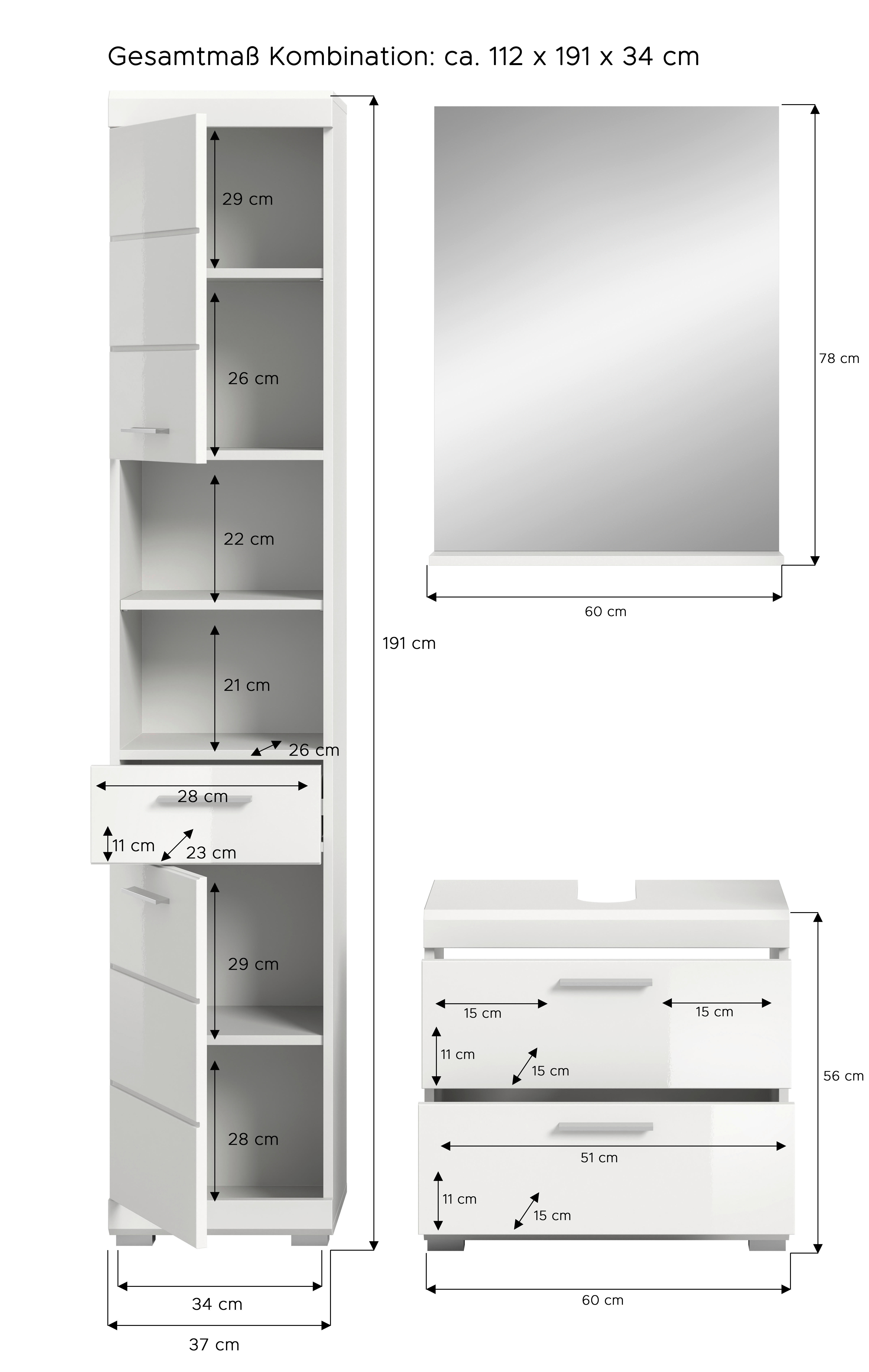 Badezimmer-Set Scout weiß weiß Hochglanz B/H/T: ca. 112x191x37 cm Scout - weiß (112,00/191,00/37,00cm) - xonox.home