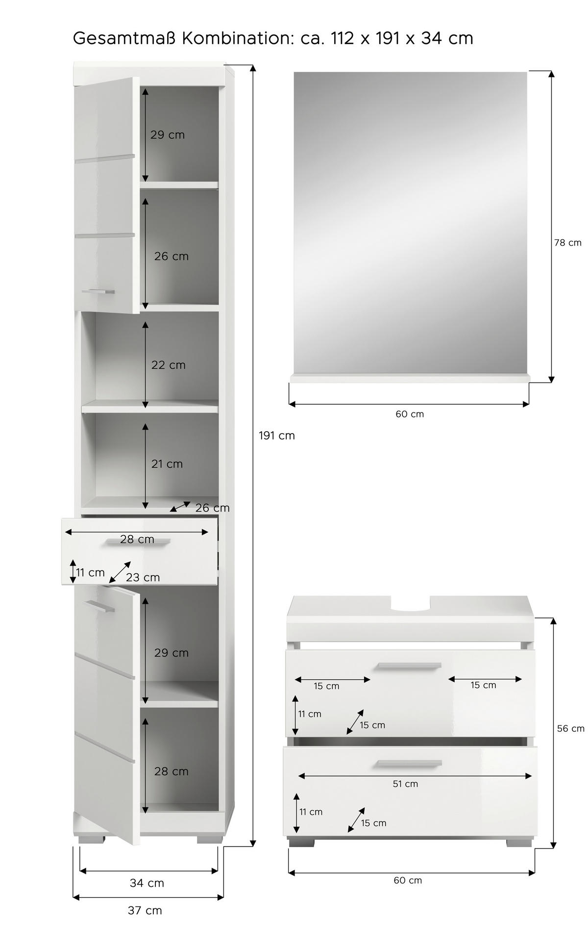 Badezimmer-Set Scout weiß weiß Hochglanz B/H/T: ca. 112x191x37 cm Scout - weiß (112,00/191,00/37,00cm) - xonox.home
