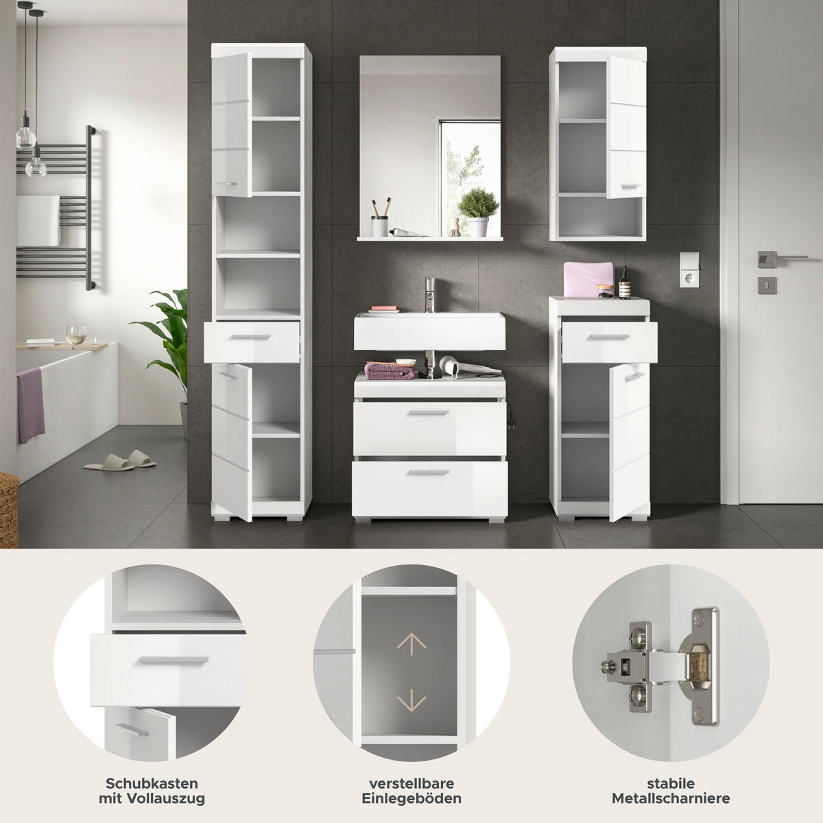 Badezimmer-Set Scout weiß weiß Hochglanz B/H/T: ca. 164x191x37 cm Scout - weiß (164,00/191,00/37,00cm) - xonox.home