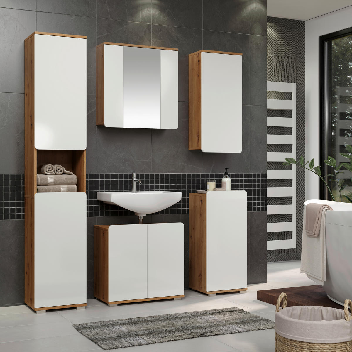 Stauraumelement Ciara weiß Hochglanz Eiche Artisan Nachbildung B/H/T: ca. 37x82x31 cm Ciara - Eiche/weiß (37,00/82,00/31,00cm) - Trendteam