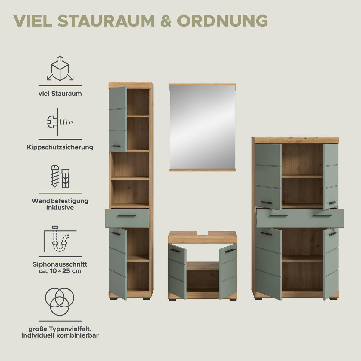 Badezimmer-Set Scout Eiche Artisan Nachbildung salbei Nachbildung B/H/T: ca. 186x191x34 cm Scout - Eiche/salbei (186,00/191,00/34,00cm) - xonox.home