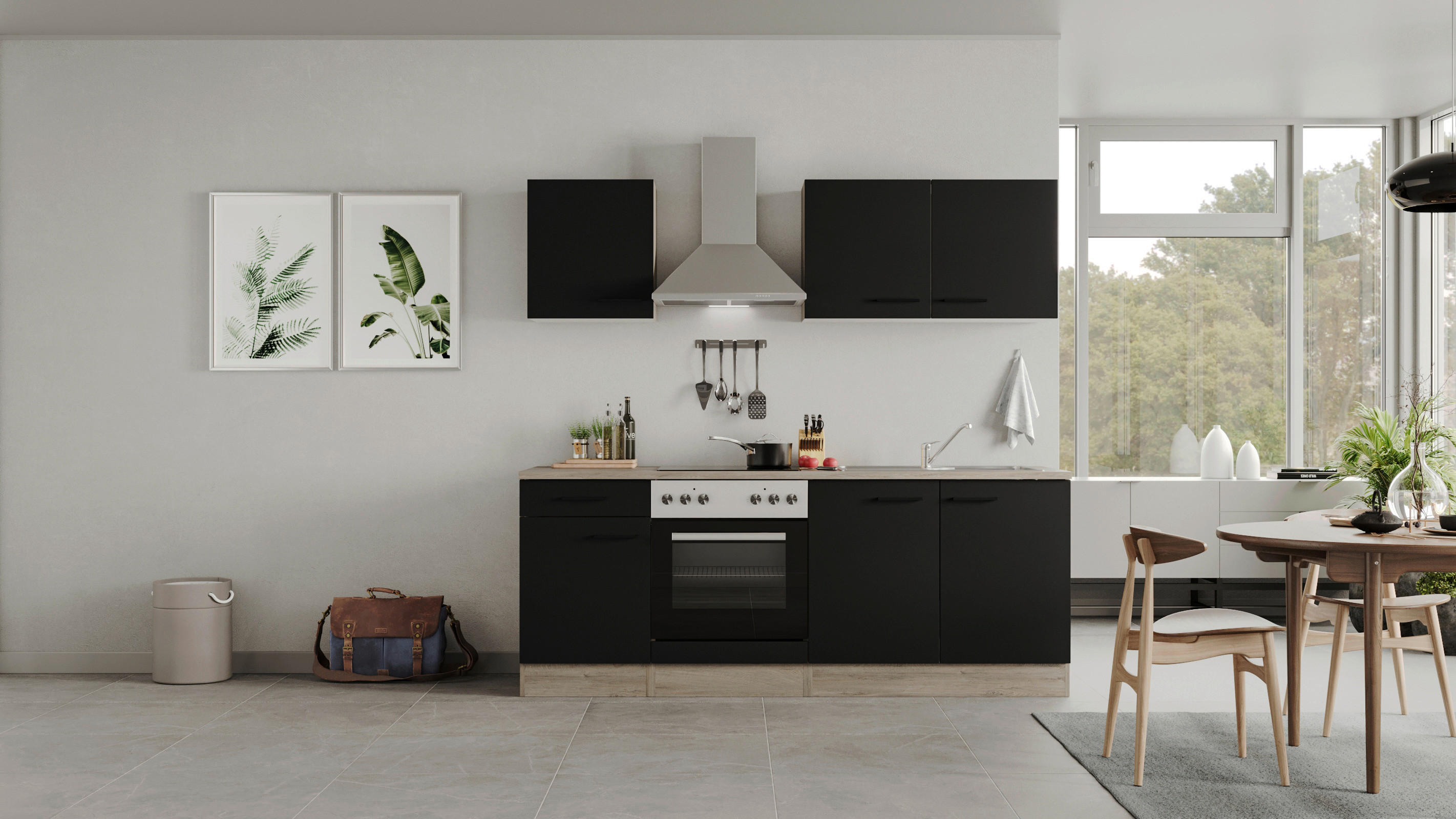 Küchenblock Capri schwarz matt B/H/T: ca. 210x200x60 cm Capri - schwarz/Oak (210,00/200,00/60,00cm) - Flex-Well