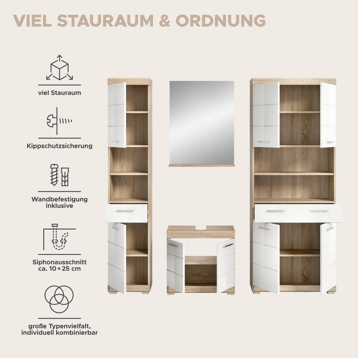 Badezimmer-Set Lambada Eiche Sonoma Nachbildung weiß Hochglanz B/H/T: ca. 186x191x34 cm Lambada - Eiche/weiß (186,00/191,00/34,00cm) - xonox.home