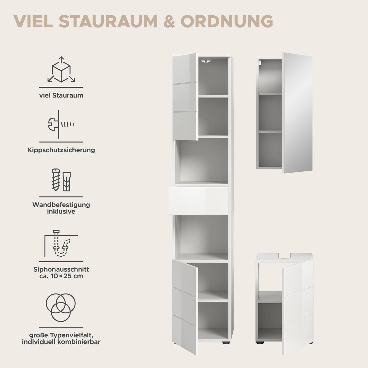 Badezimmer-Set VIRA weiß weiß Hochglanz B/H/T: ca. 91x190x34 cm VIRA - weiß (91,00/190,00/34,00cm) - xonox.home