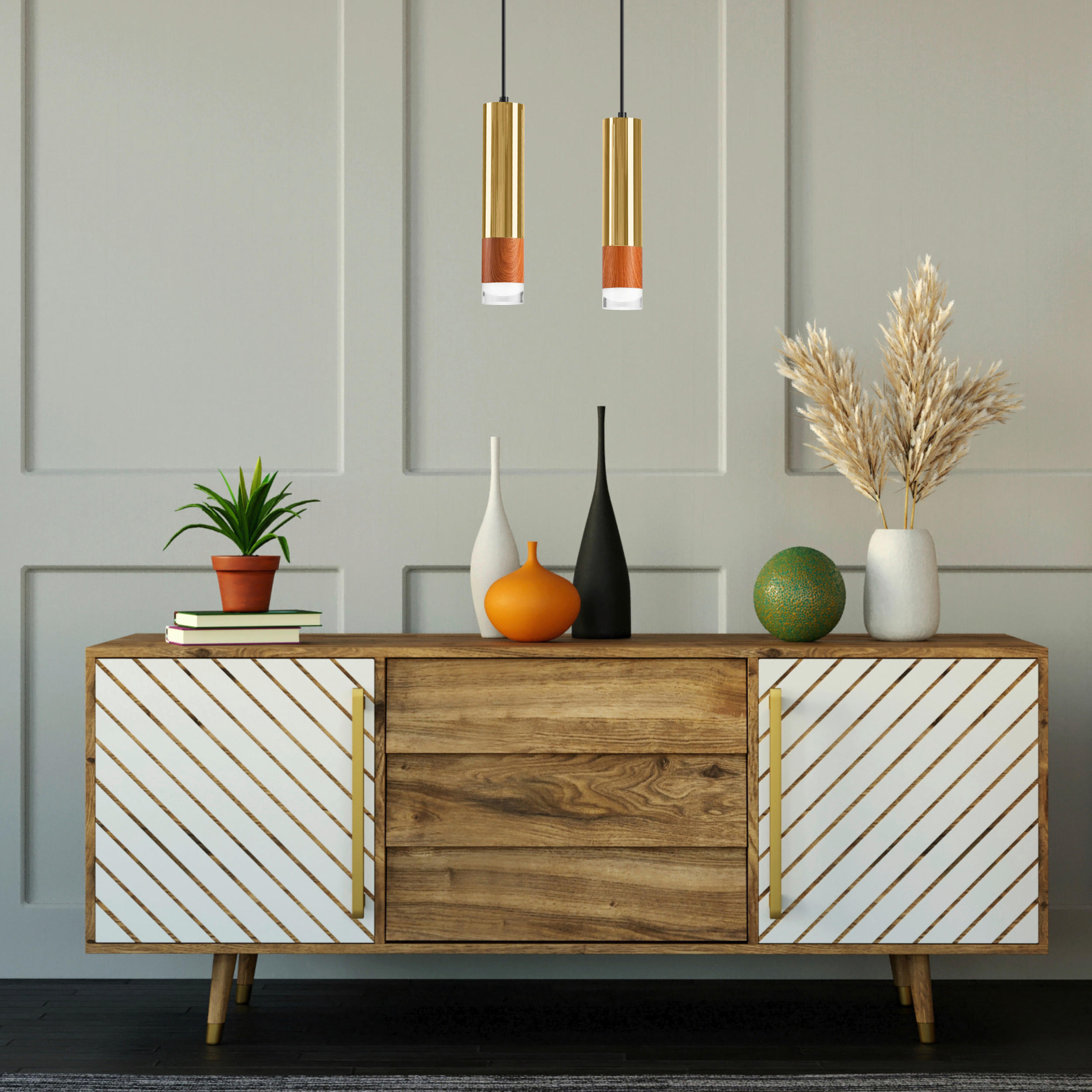 Thumbnail - Lamkur Pendelleuchte gold Glas Stahl B/H/L: ca. 8x105x30 cm GU10 2 Brennstellen