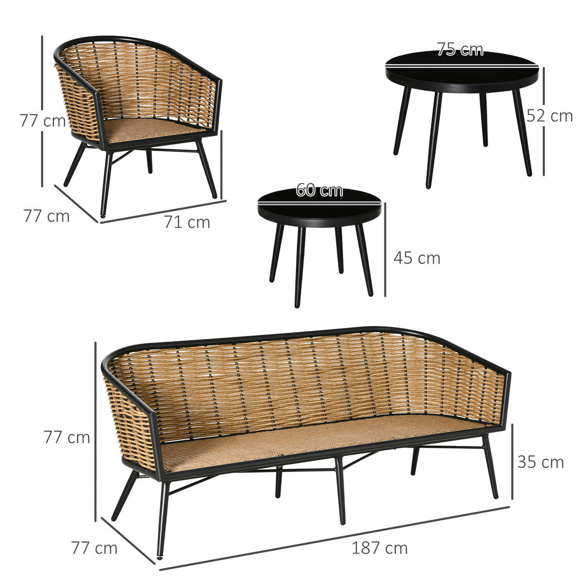 Outsunny Sitzgruppe natur Aluminium B/H/L: ca. 77x187x77 cm Gartenmöbel_Set - natur (77,00/77,00/187,00cm) - Outsunny