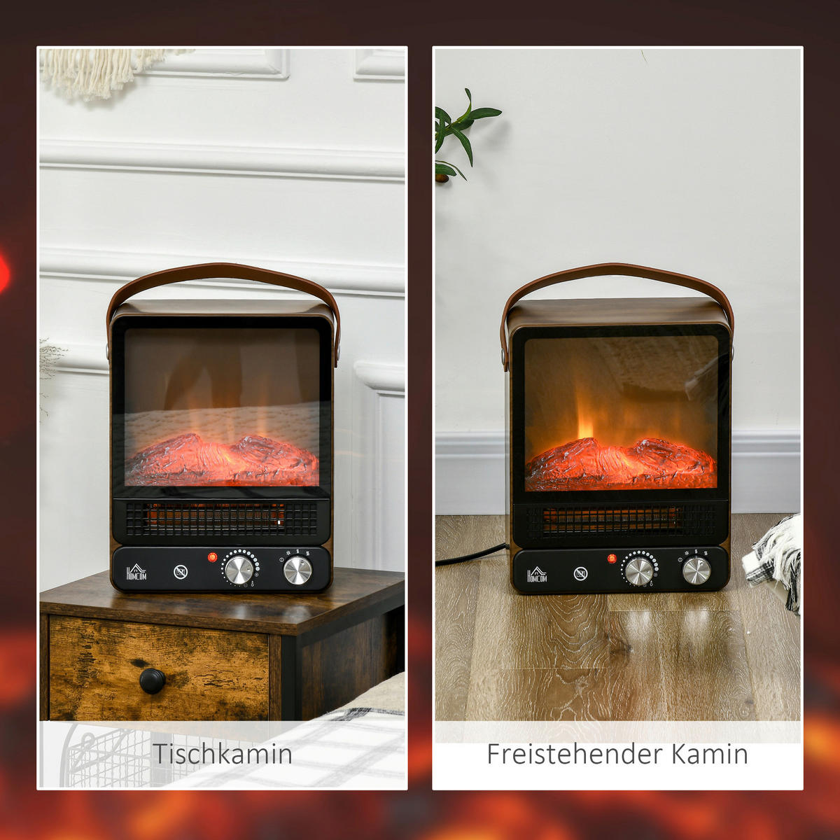 HOMCOM Elektro-Feuerstelle 820-348V90WN braun Edelstahl Polypropylen Kunststoff B/H/L: ca. 17,5x30,3x37,4 cm ca. 1500 W Elektrische_Feuerstelle - braun (37,40/17,50/30,30cm) - HOMCOM