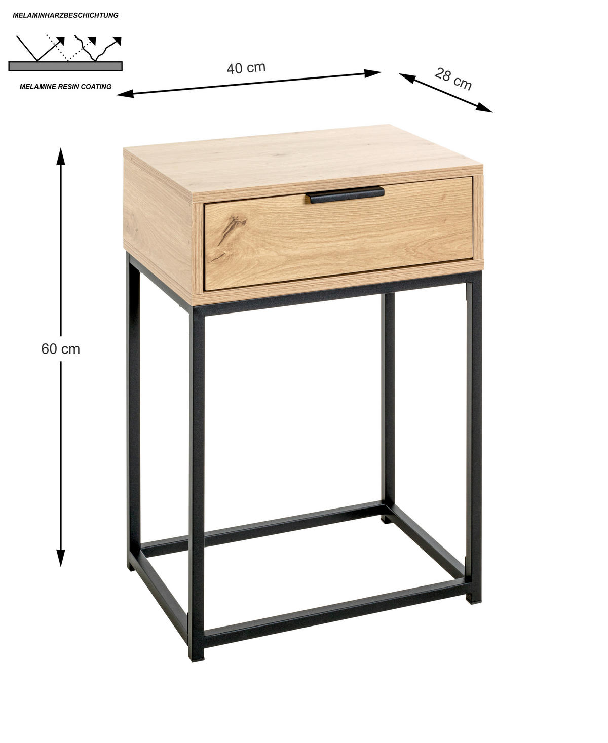 Beistelltisch  Eiche hell Nachbildung schwarz B/H/T: ca. 40x60x28 cm Malmö_Beistelltisch 52483 - Eiche/schwarz (40,00/60,00/28,00cm)