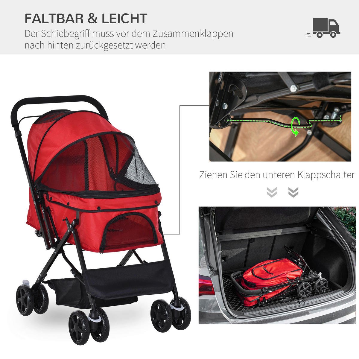 PawHut Hunde-Zubehör rot Polypropylen B/H/L: ca. 52x76,5x95 cm Hundebuggy - rot (95,00/52,00/76,50cm) - PawHut
