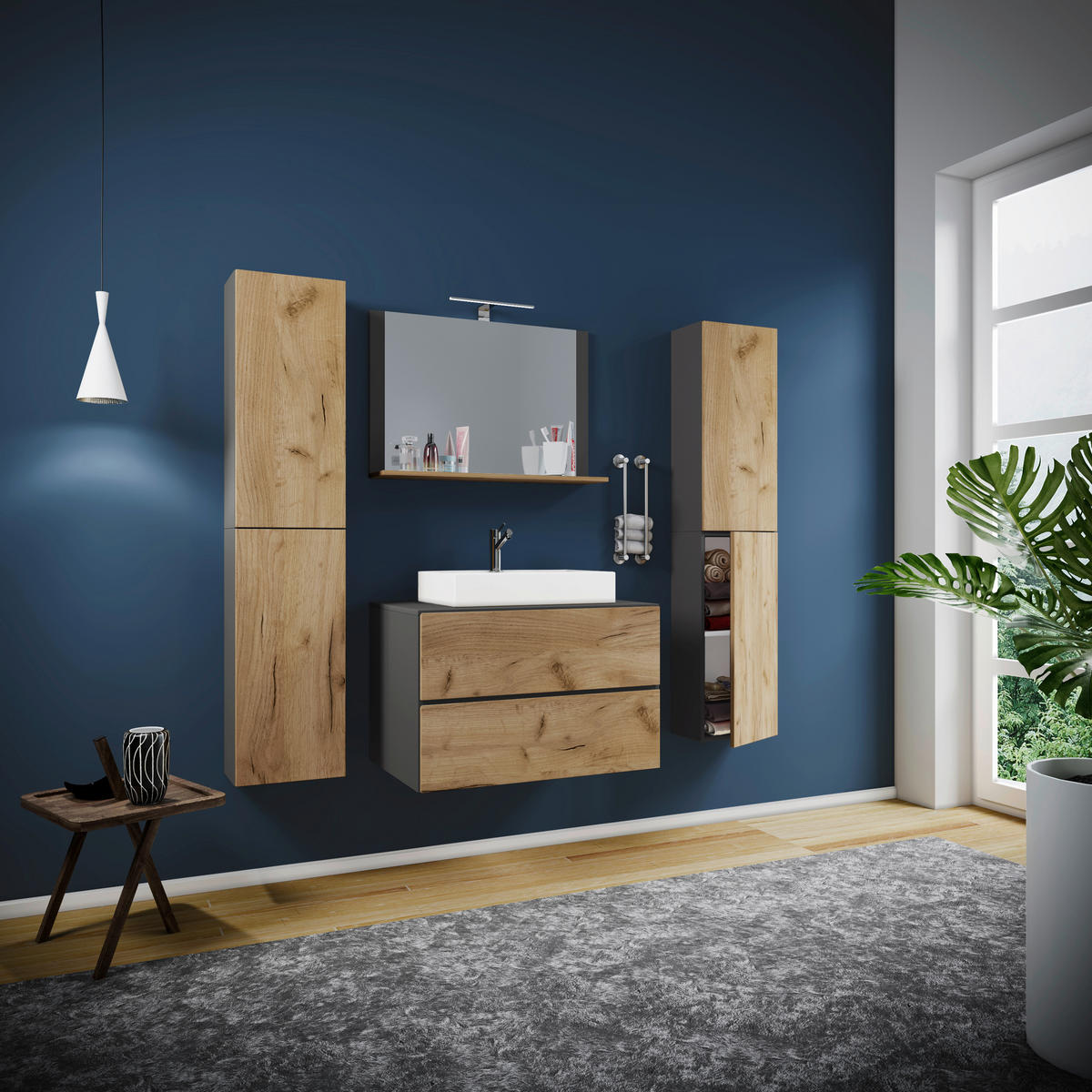 Waschplatz 5tlg-Lendas weiß anthrazit Eiche Honig Nachbildung B/H/T: ca. 60x52x52 cm 5tlg-Lendas - Eiche/weiß (60,00/52,00/52,00cm) - VCM Möbel
