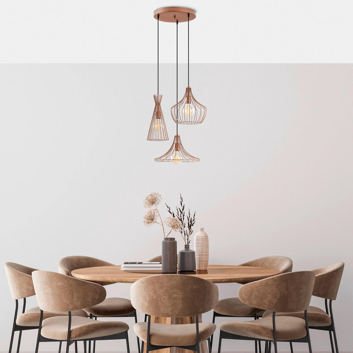 Opviq Pendelleuchte Mezopotamya Kupfer Metall B/H/T/L/D: ca. 55x113x55x55x55 cm E27 3 Brennstellen Mezopotamya - Kupfer (55,00/55,00/113,00cm) - Opviq