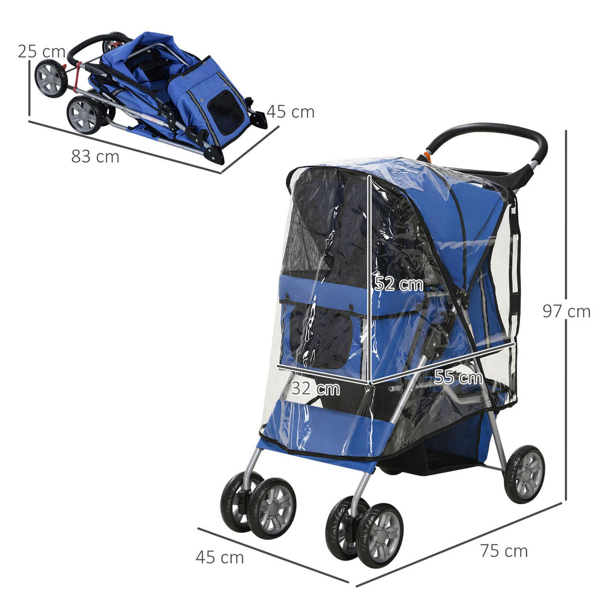 PawHut Hunde-Zubehör blau Edelstahl B/H/L: ca. 45x75x97 cm Hundebuggy - blau (97,00/45,00/75,00cm) - PawHut