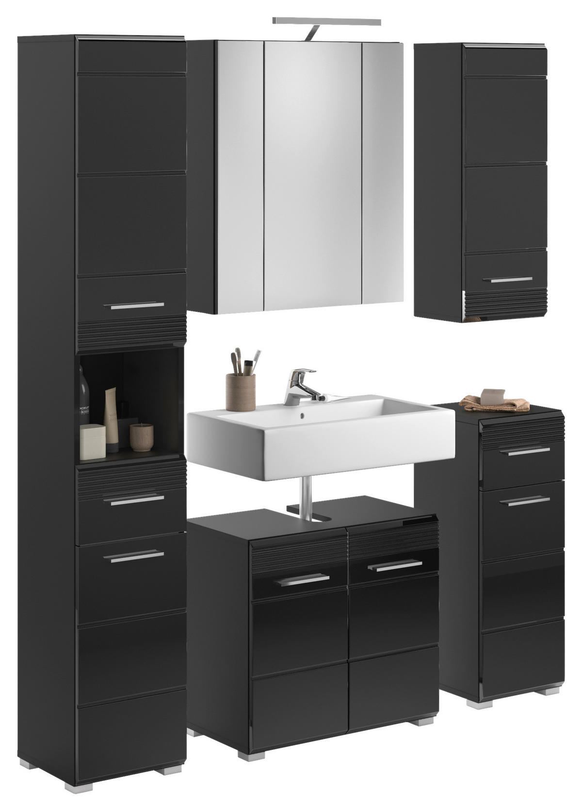 Badezimmer-Set LINUS schwarz schwarz Hochglanz B/H/T: ca. 150x182x34 cm LINUS - schwarz (150,00/182,00/34,00cm) - xonox.home