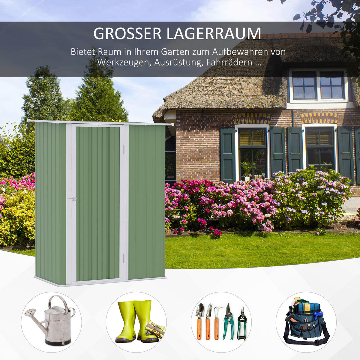 Outsunny Gartenhaus grün B/H/L: ca. 84x189x142 cm Gartenhaus mit Pultdach - grün (142,00/84,00/189,00cm) - Outsunny
