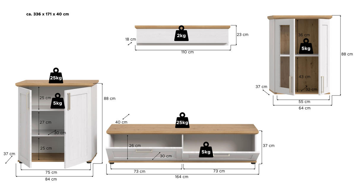 Wohnwand VERONA Lärche Nachbildung Eiche Nachbildung B/H/T: ca. 336x161x40 cm VERONA - Eiche/Lärche (336,00/161,00/40,00cm) - xonox.home