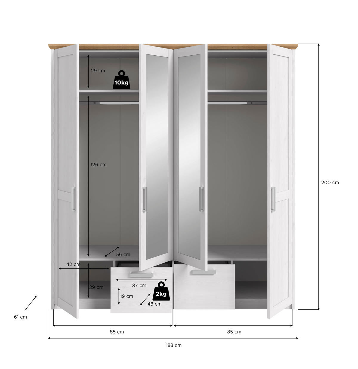 Kleiderschrank VERONA Sibiu Lärche Nachbildung Eiche Artisan Nachbildung B/H/T: ca. 188x20x61 cm VERONA - Eiche (188,00/20,00/61,00cm) - xonox.home