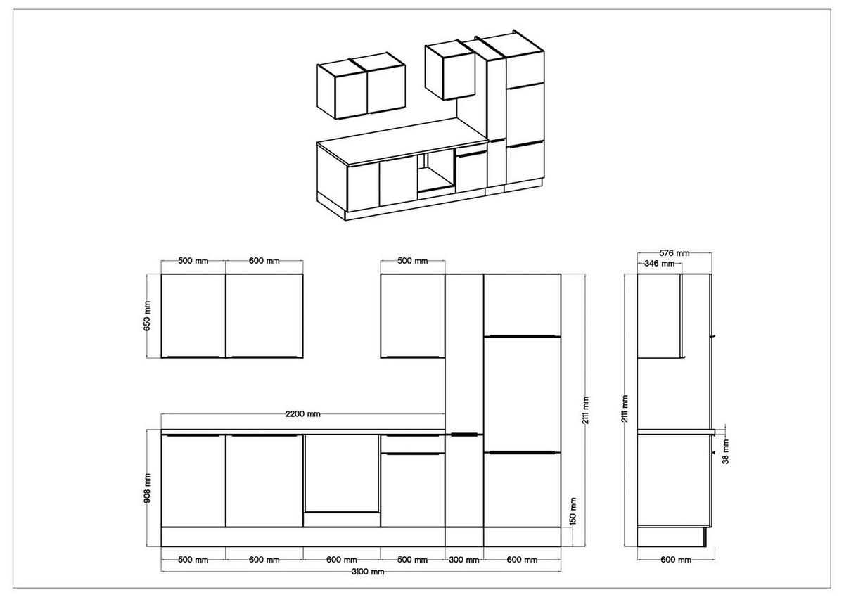 Respekta Küchenblock Marleen weiß Hochglanz B/H/T: ca. 310x211x60 cm Marleen - Eiche/weiß (310,00/211,00/60,00cm) - Respekta