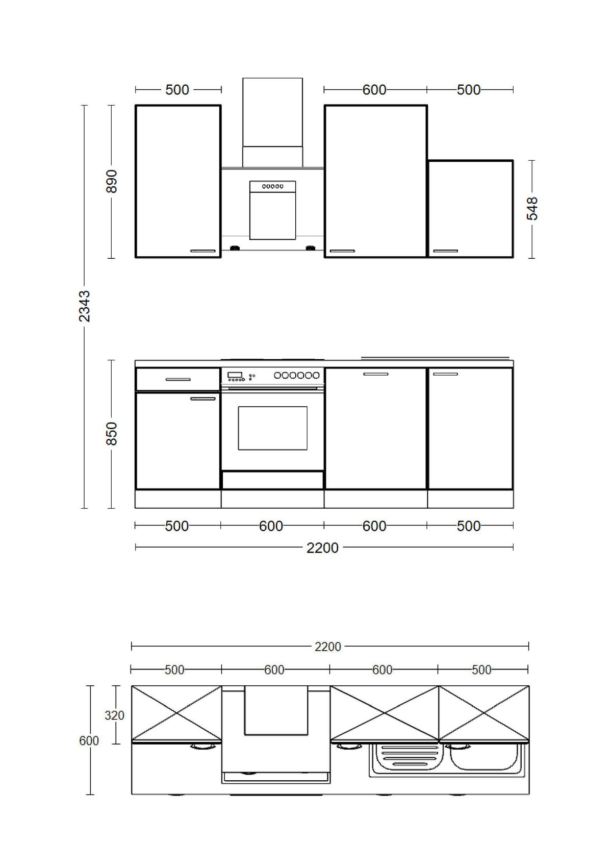 Küchenblock Capri schwarz matt B/H/T: ca. 220x234x60 cm Capri - schwarz/Oak (220,00/234,00/60,00cm) - Flex-Well