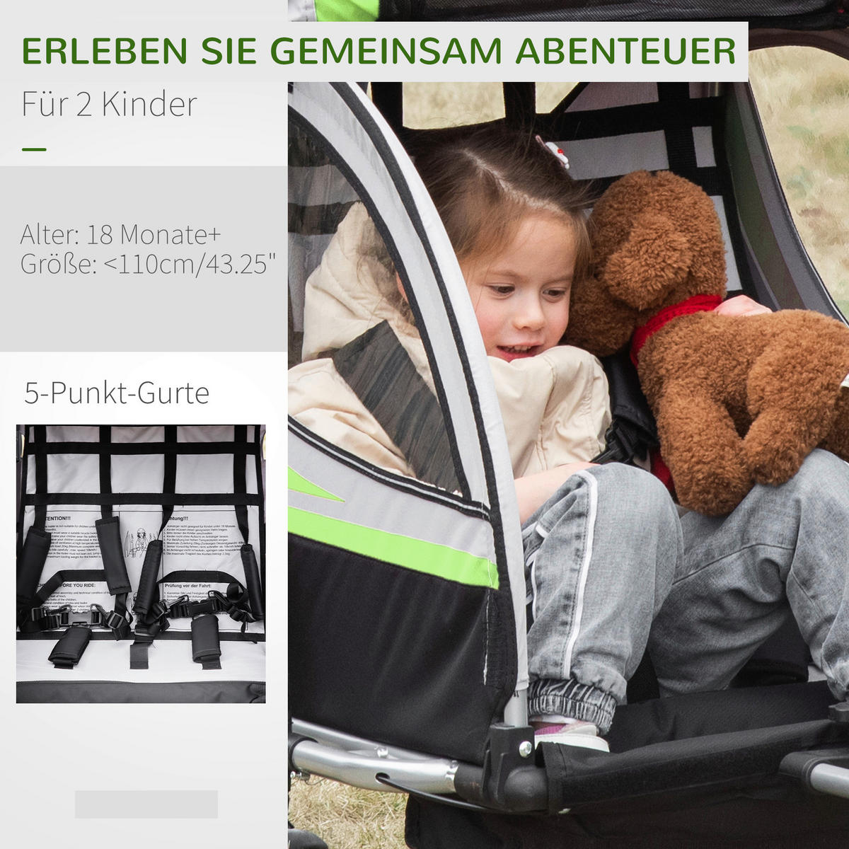 HOMCOM Fahrrad-Zubehör grün grün B/H/L: ca. 75x142x101 cm Kinderfahrradanhänger - schwarz/grün (101,00/75,00/142,00cm) - HOMCOM