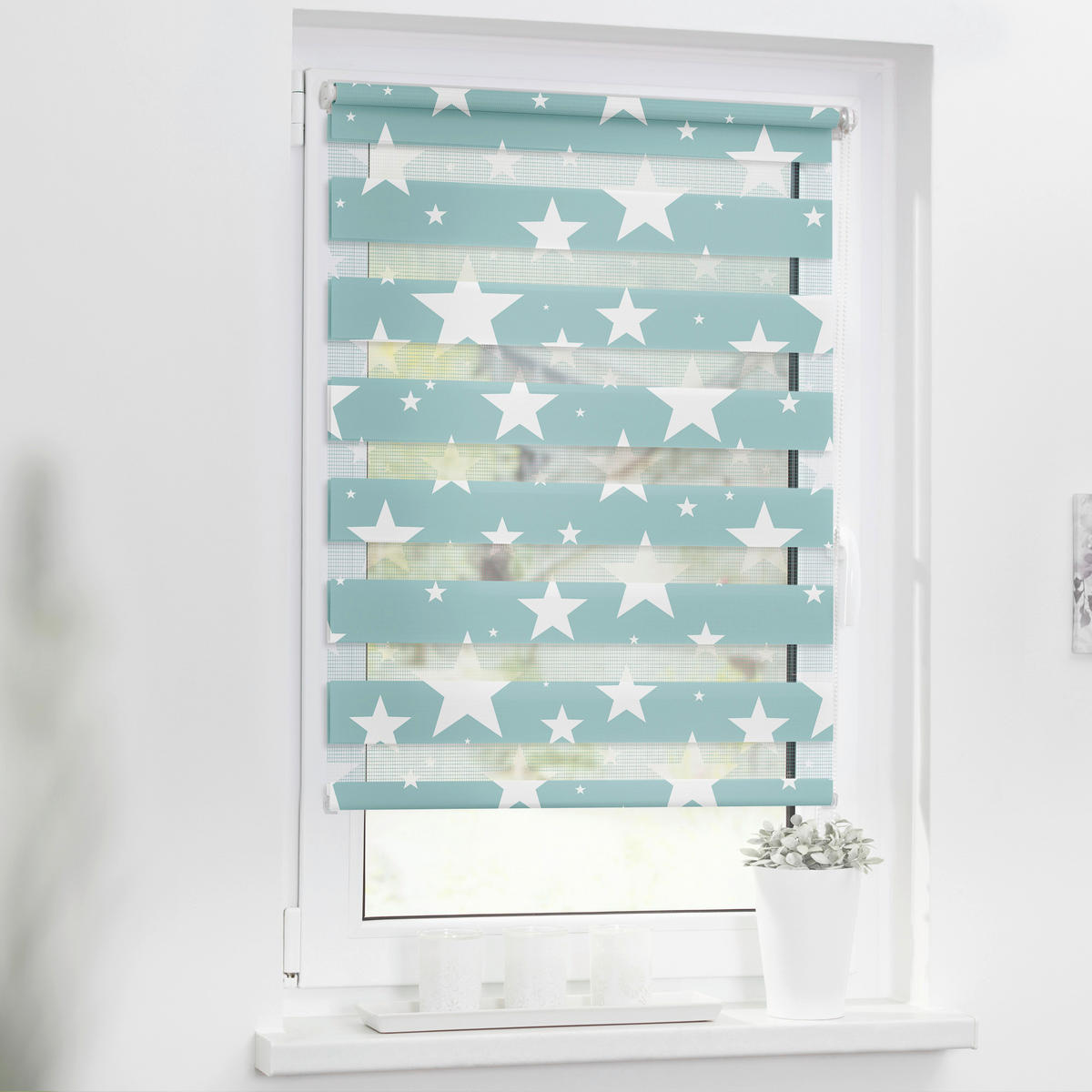 Doppelrollo Duo Sterne petrol B/T: ca. 45x150 cm Duo Sterne - petrol (45,00/150,00cm) - LICHTBLICK