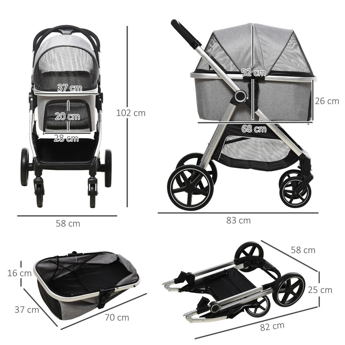 PawHut Hunde-Zubehör hellgrau Edelstahl B/H/L: ca. 58x83x102 cm Hundewagen - hellgrau (102,00/58,00/83,00cm) - PawHut