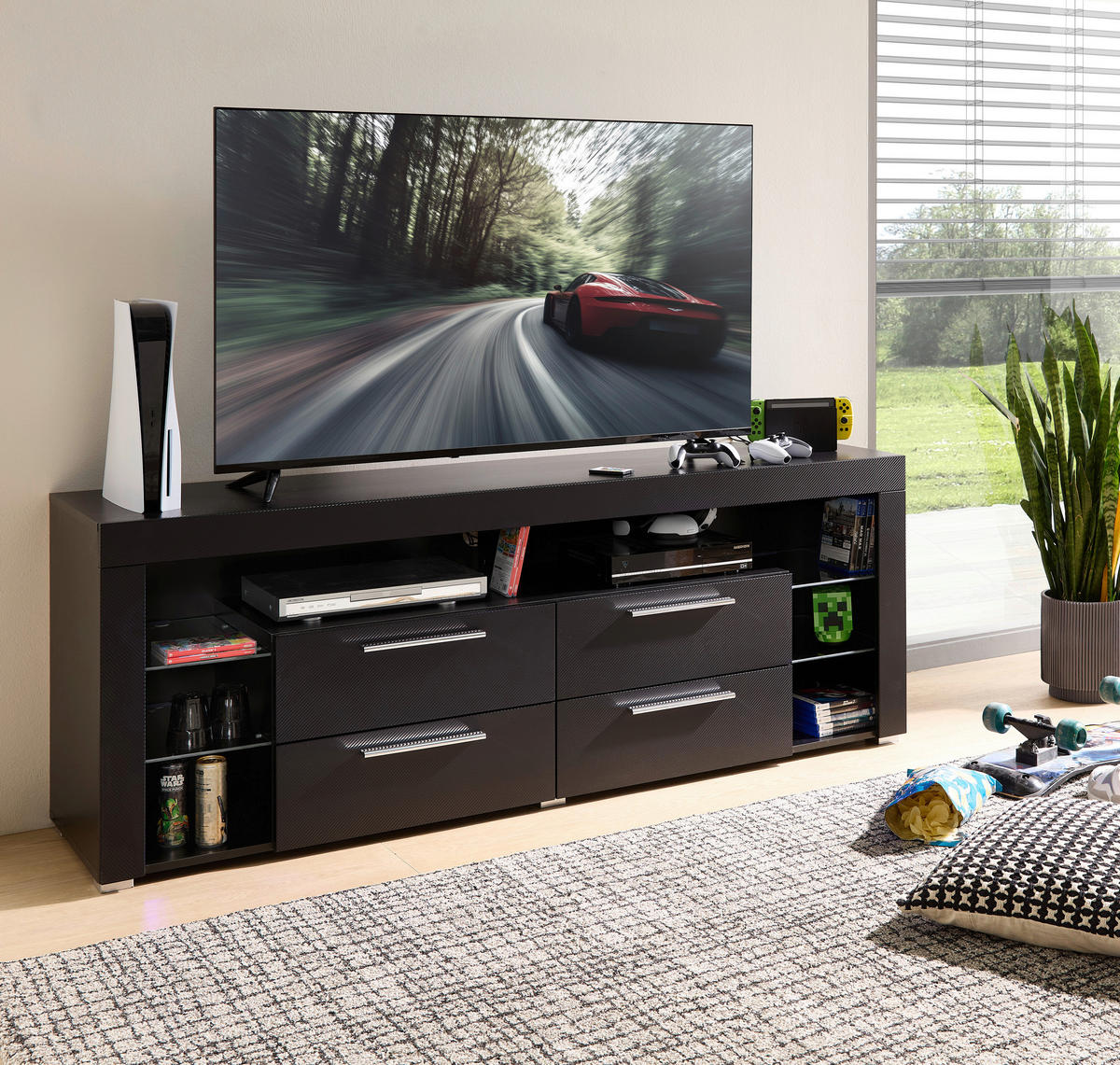 TV-Lowboard Goal Carbon schwarz Carbon Optik B/H/T: ca. 179x66x44 cm Goal Carbon - schwarz (179,00/66,00/44,00cm)