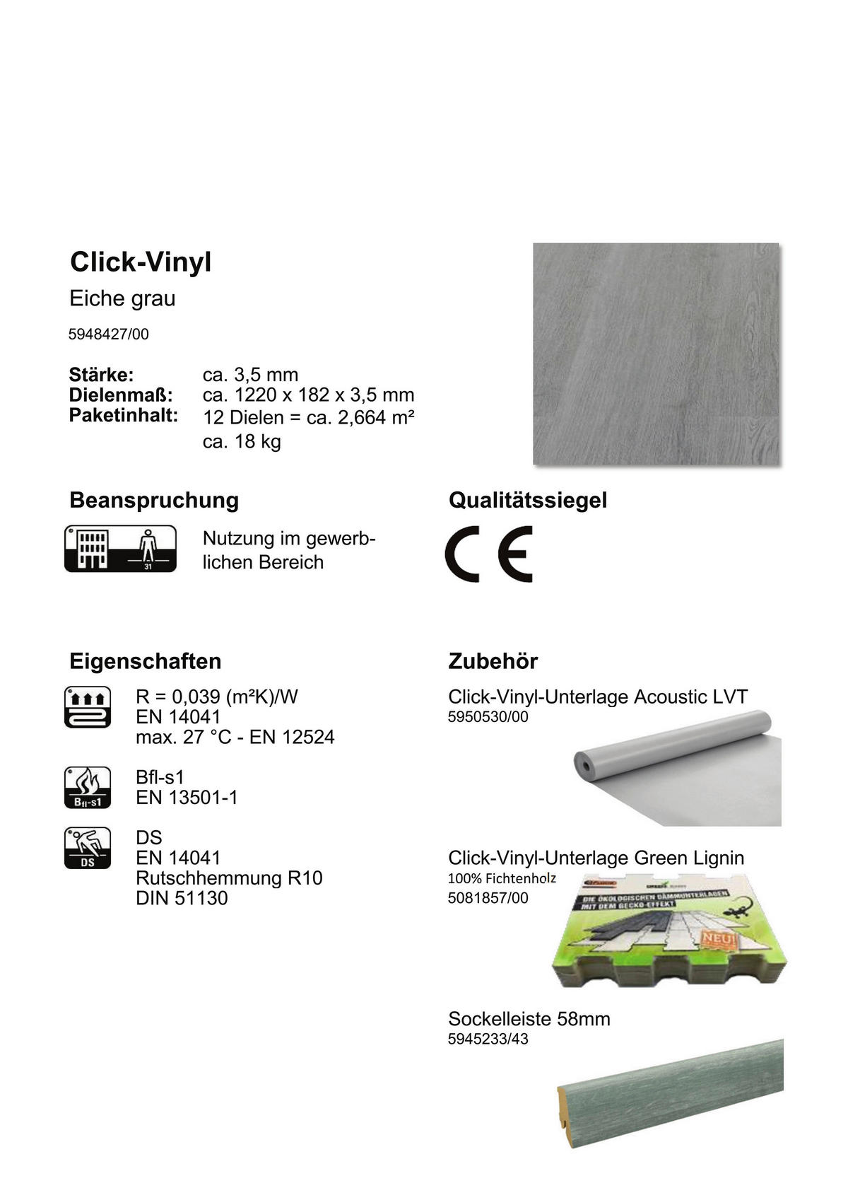 Click-Vinylboden Eiche grau ca. 2,664 m² im Paket  B/L: ca. 18,2x122 cm pro Paket Eiche grau ca. 2,664 m² im Paket - grau (18,20/122,00cm)
