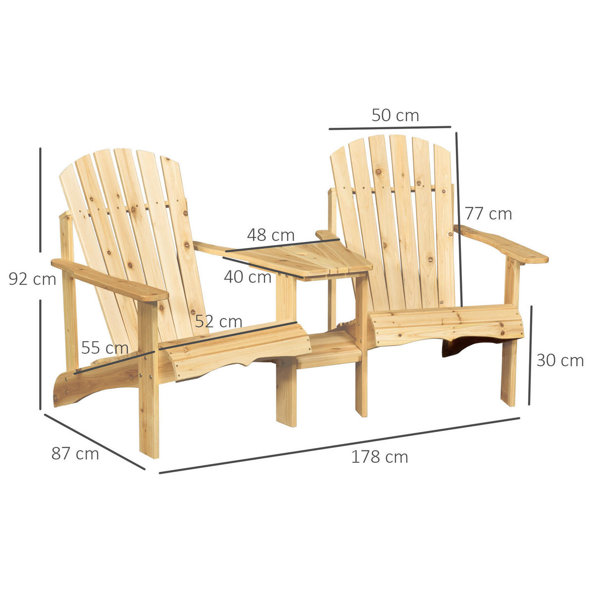 Outsunny Gartenbank natur Holz B/H/L: ca. 87x92x178 cm Gartenbank mit Tisch - natur (178,00/87,00/92,00cm) - Outsunny