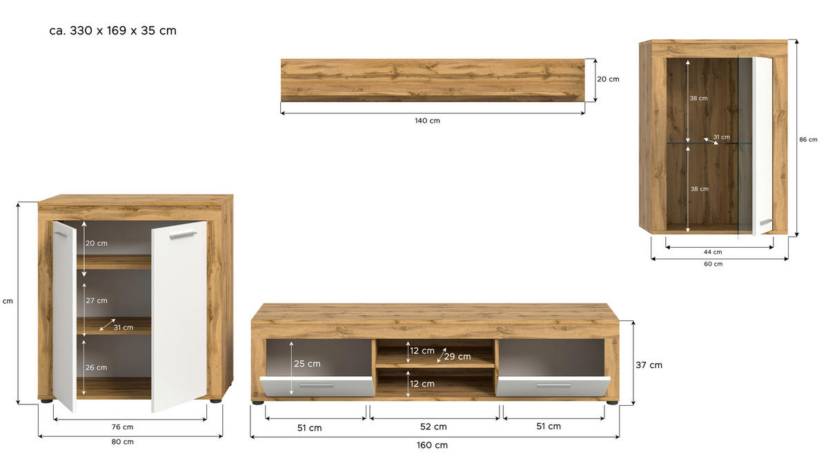 Wohnwand Jam Eiche Wotan Nachbildung weiß B/H/T: ca. 330x169x35 cm Jam - Eiche/weiß (330,00/169,00/35,00cm) - xonox.home