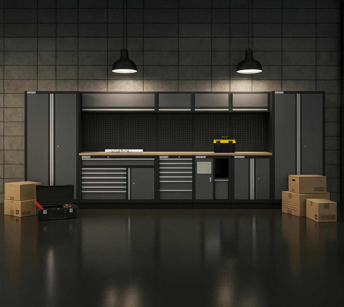Werkstatteinrichtung Apollo anthrazit B/H/L: ca. 523x200x46 cm Apollo - schwarz/anthrazit (46,00/523,00/200,00cm) - Feistos