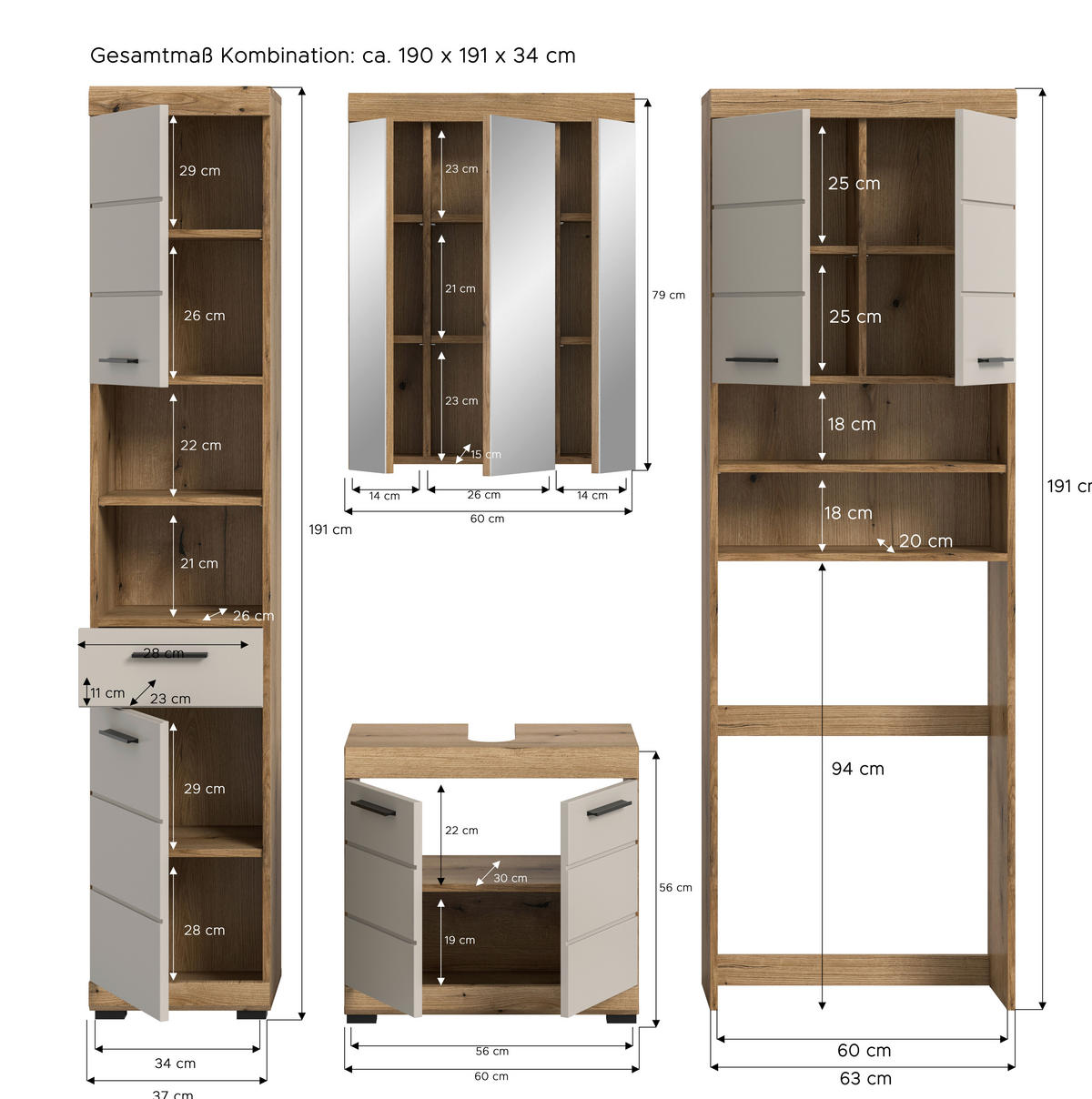 Badezimmer-Set Scout Evoke Oak Nachbildung Kaschmirgrau Nachbildung B/H/T: ca. 190x191x34 cm Scout - Kaschmirgrau (190,00/191,00/34,00cm) - xonox.home