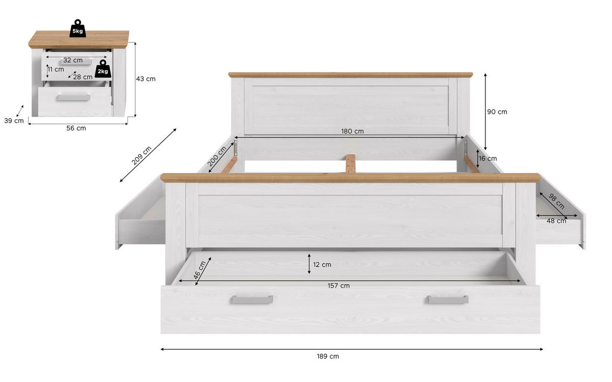 Bettanlage VERONA Sibiu Lärche Nachbildung Eiche Artisan Nachbildung VERONA - Eiche (245,00/90,00/209,00cm) - xonox.home